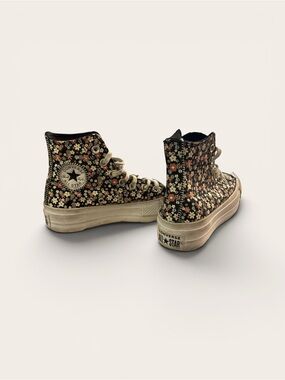 Converse Platform High Top Sneakers - Black & Pink Floral Embroidery and Print